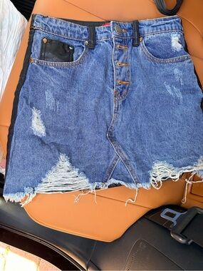 Distressed Blue Denim/ faux leather Women's Shorts Skirt size small